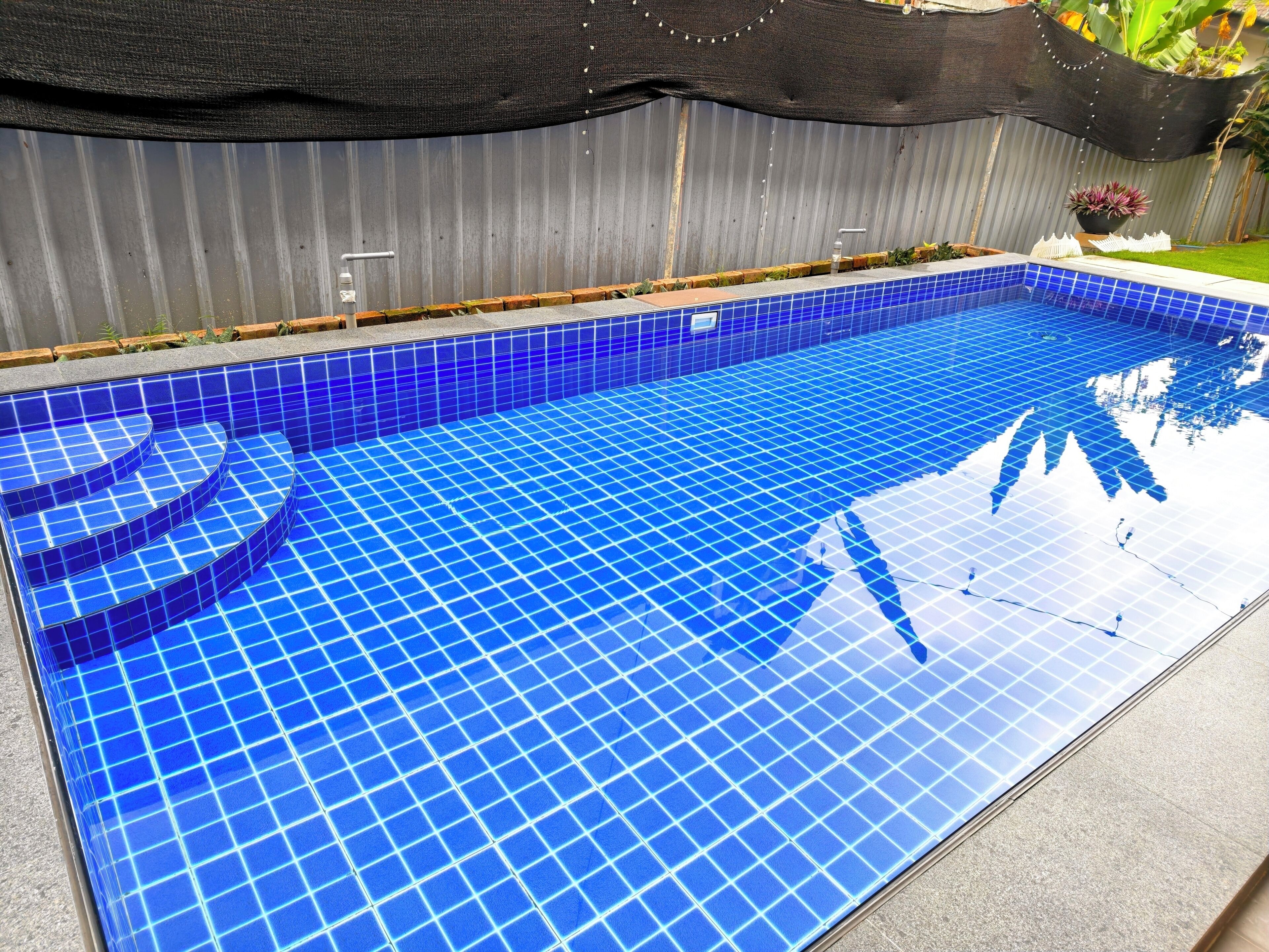 Une piscine aux carreaux bleus, avec une clôture en métal en arrière-plan.