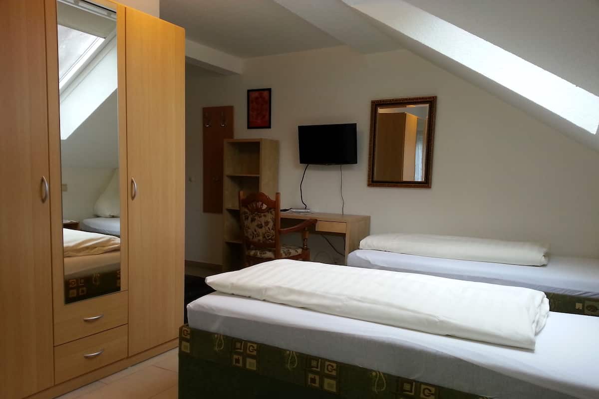 A bedroom with two beds, a wooden wardrobe, a desk, a chair, a television, and a mirror.