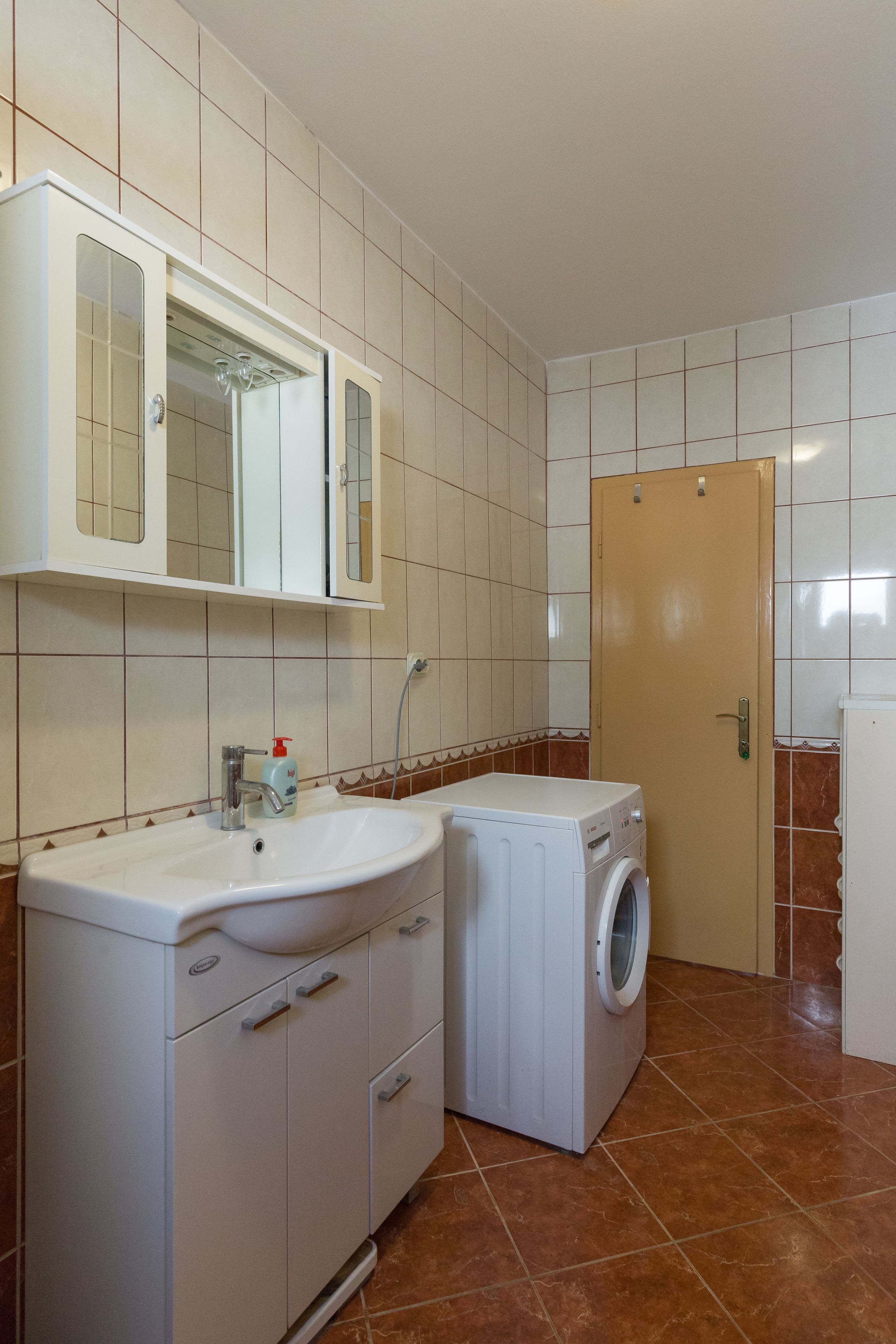 Baño pequeño con lavabo, espejo y lavadora.