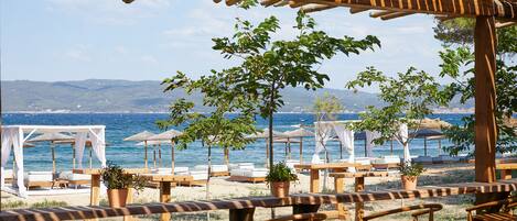 An outdoor seating area with wooden tables and chairs, potted plants, and umbrellas overlooking a beach and the sea.