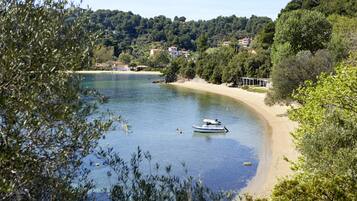 A coastal scene with a boat on calm waters, a sandy beach, and a backdrop of trees and buildings.