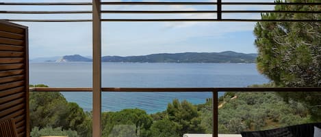Un balcón con vista al mar y colinas, muebles de madera y una planta en maceta.