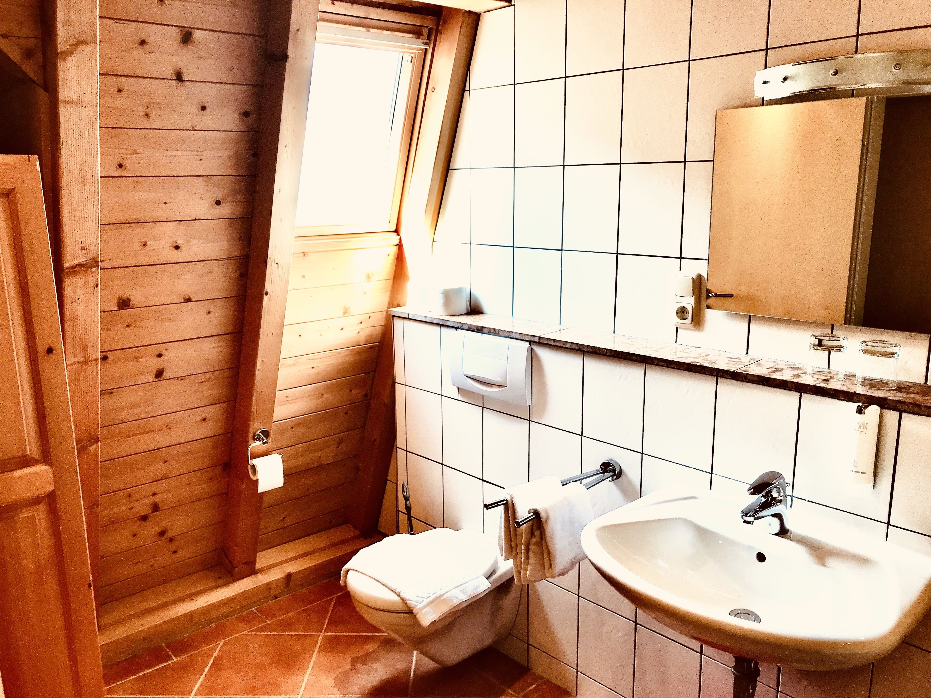 A bathroom with a wooden door, a toilet, a sink, and a mirror.