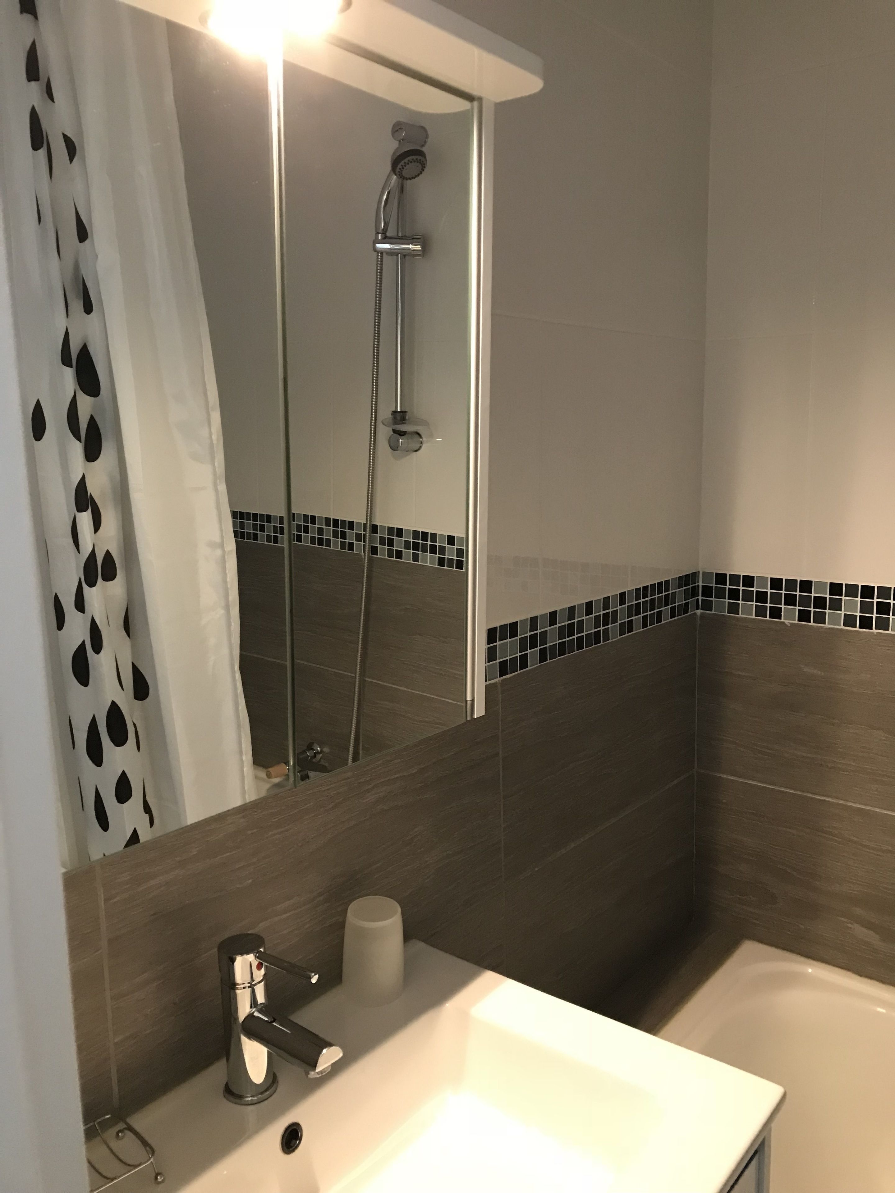 A bathroom with a shower, a sink, and a mirror.