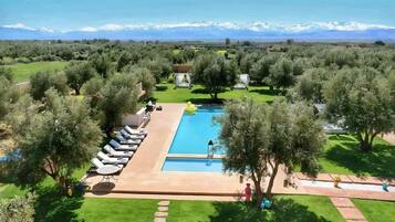 A pool area with lounge chairs and a view of snow-capped mountains.