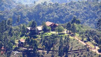 Uma casa rodeada por floresta densa, com uma trilha de terra que leva até ela.