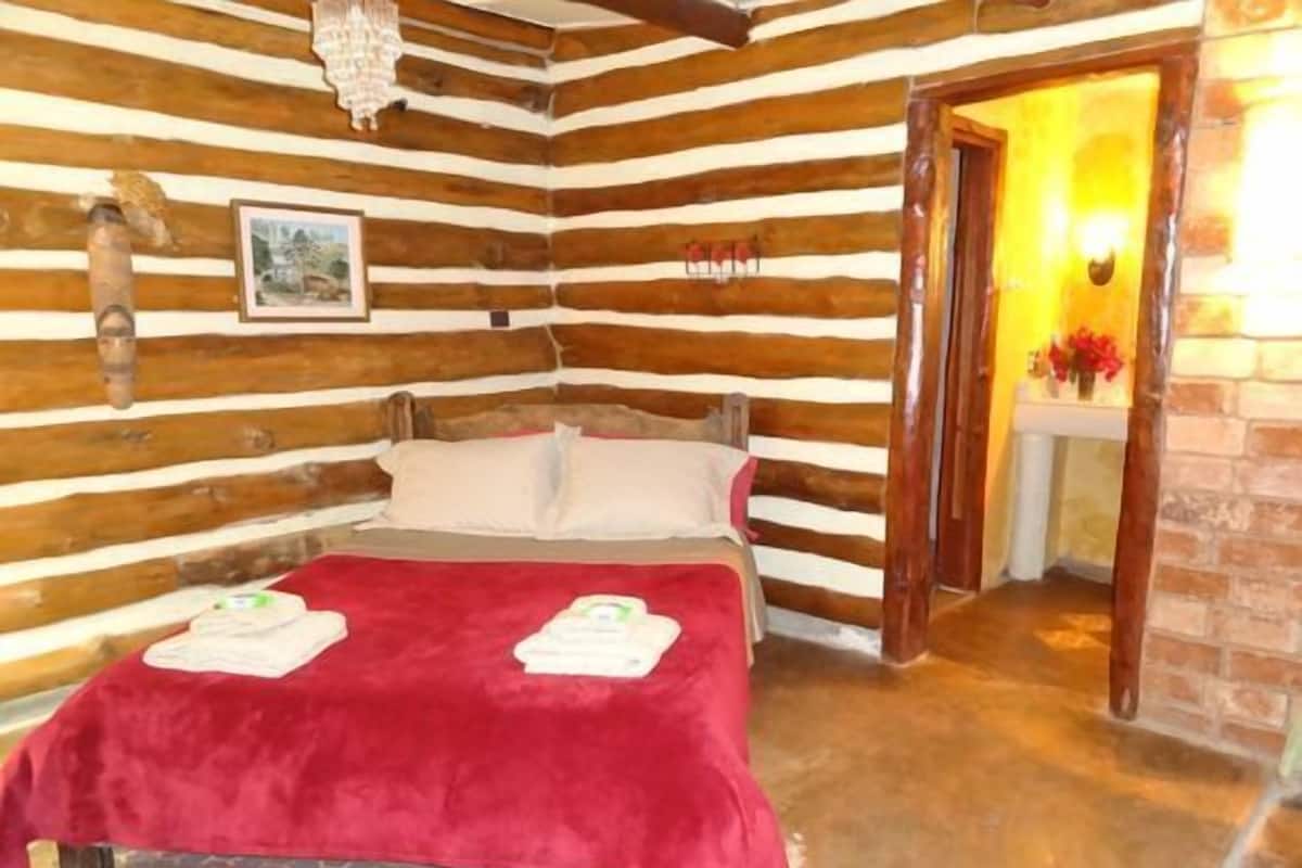 Une pièce aménagée dans le style d’un chalet en rondins, avec un lit, un plafond en bois et une porte donnant sur une autre pièce.