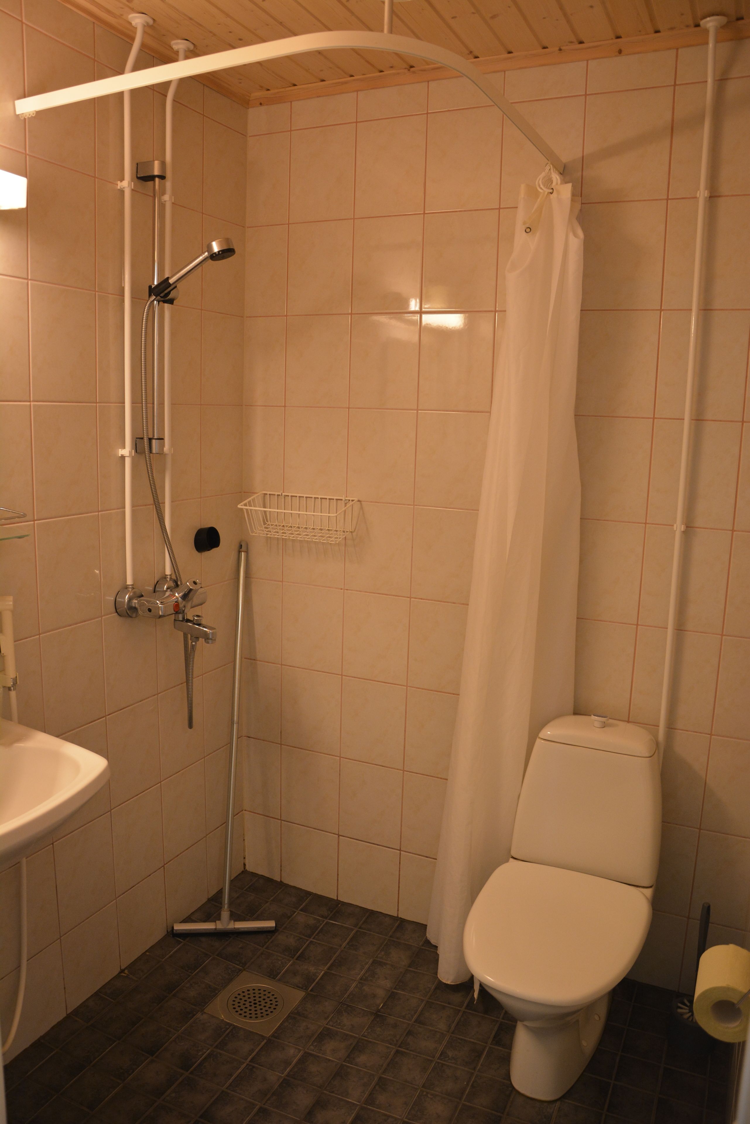 A bathroom with a shower, toilet, and sink.