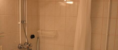 A bathroom with a shower, toilet, and sink.