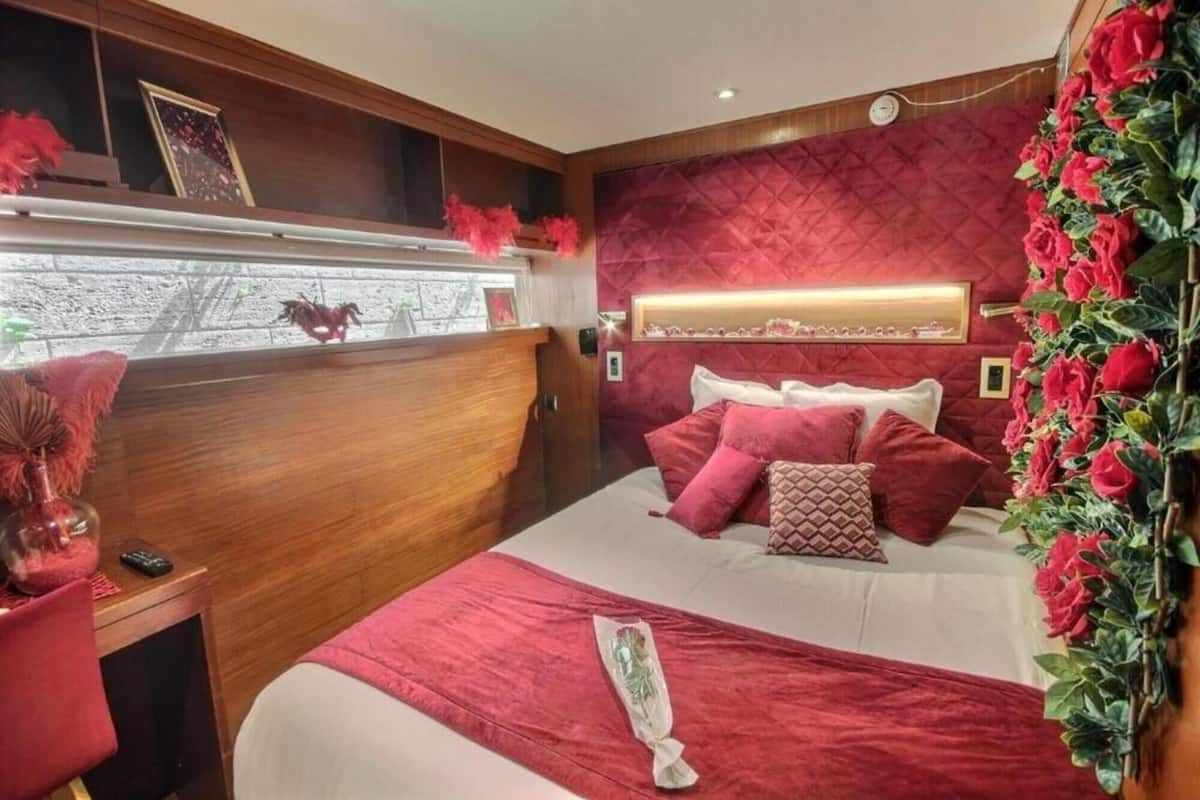 Ein Schlafzimmer mit einem großen Bett, einem Holz-Kopfteil, einer roten Akzentwand und einer Zierpflanze.