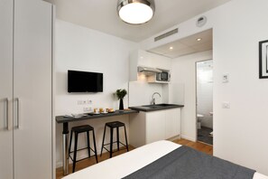 Estudio estándar | Cocina básica privada | Frigorífico, microondas, placa de cocina y cafetera o tetera