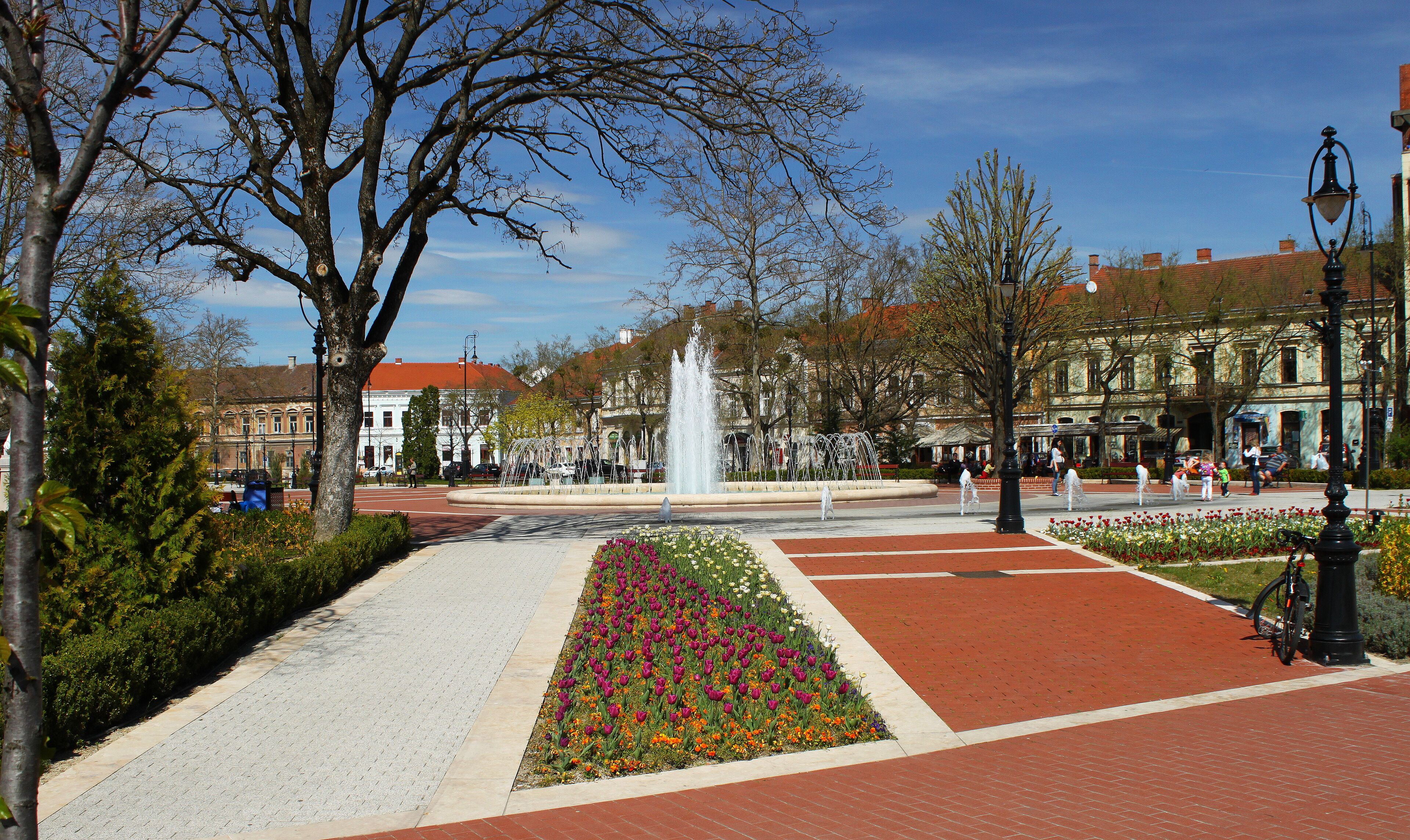 Una plaza pública con una fuente central, jardines de flores y edificios circundantes.