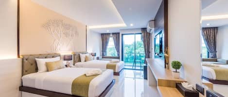 A modern hotel room with a large bed, a desk, and a view of the outdoors.