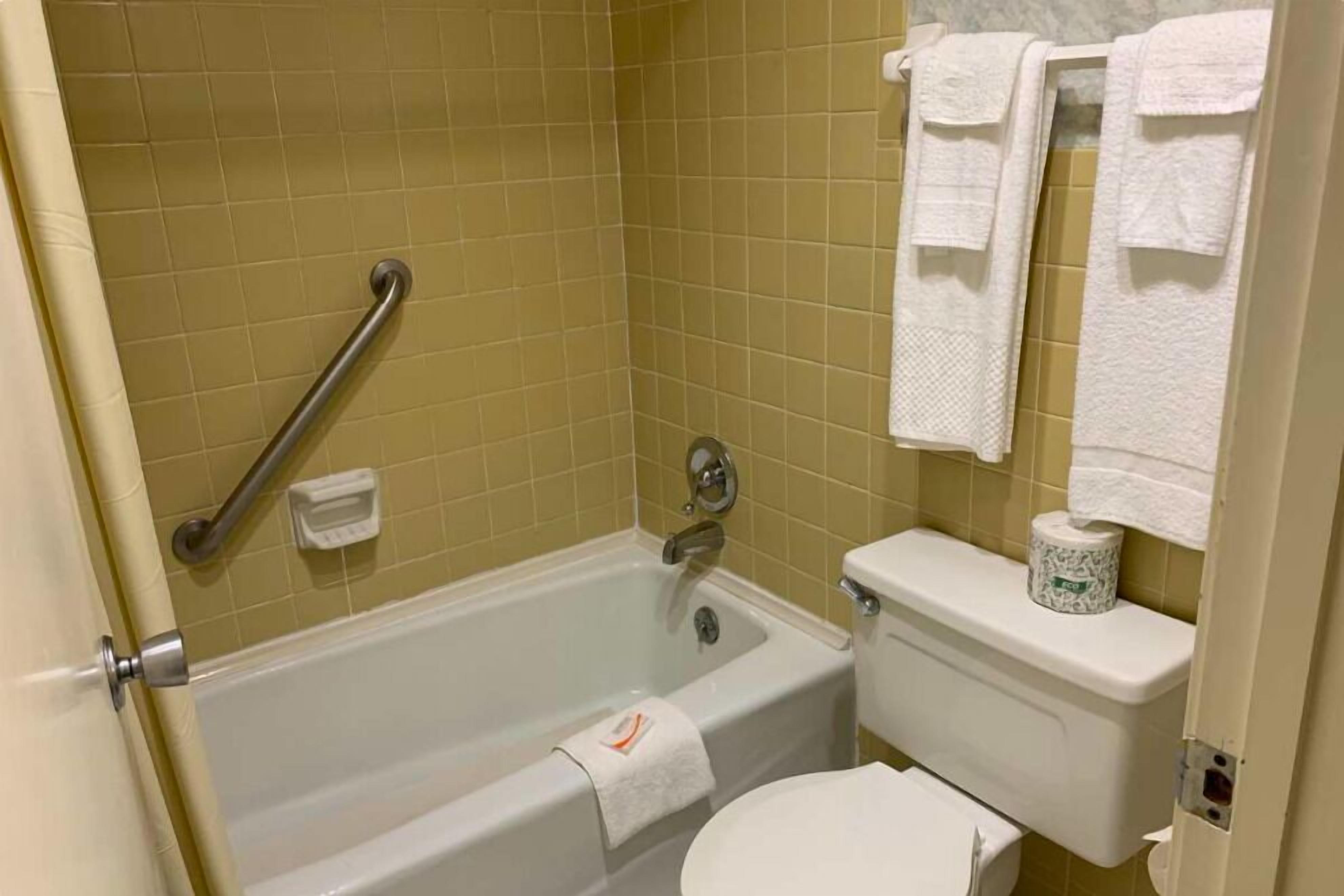 A bathroom with a bathtub, toilet, and handrail.