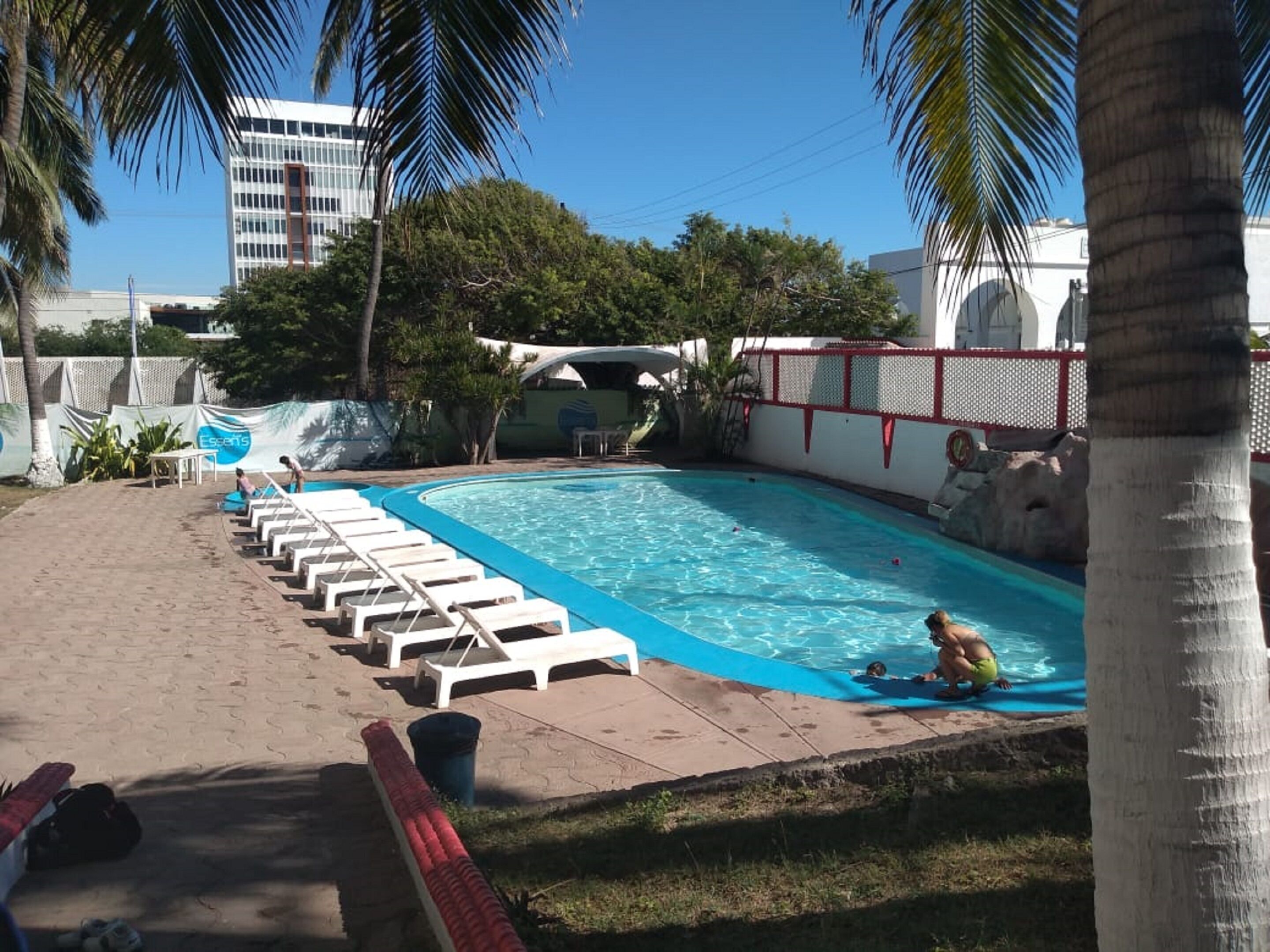 Une piscine avec des chaises longues, des palmiers et un bâtiment en arrière-plan.