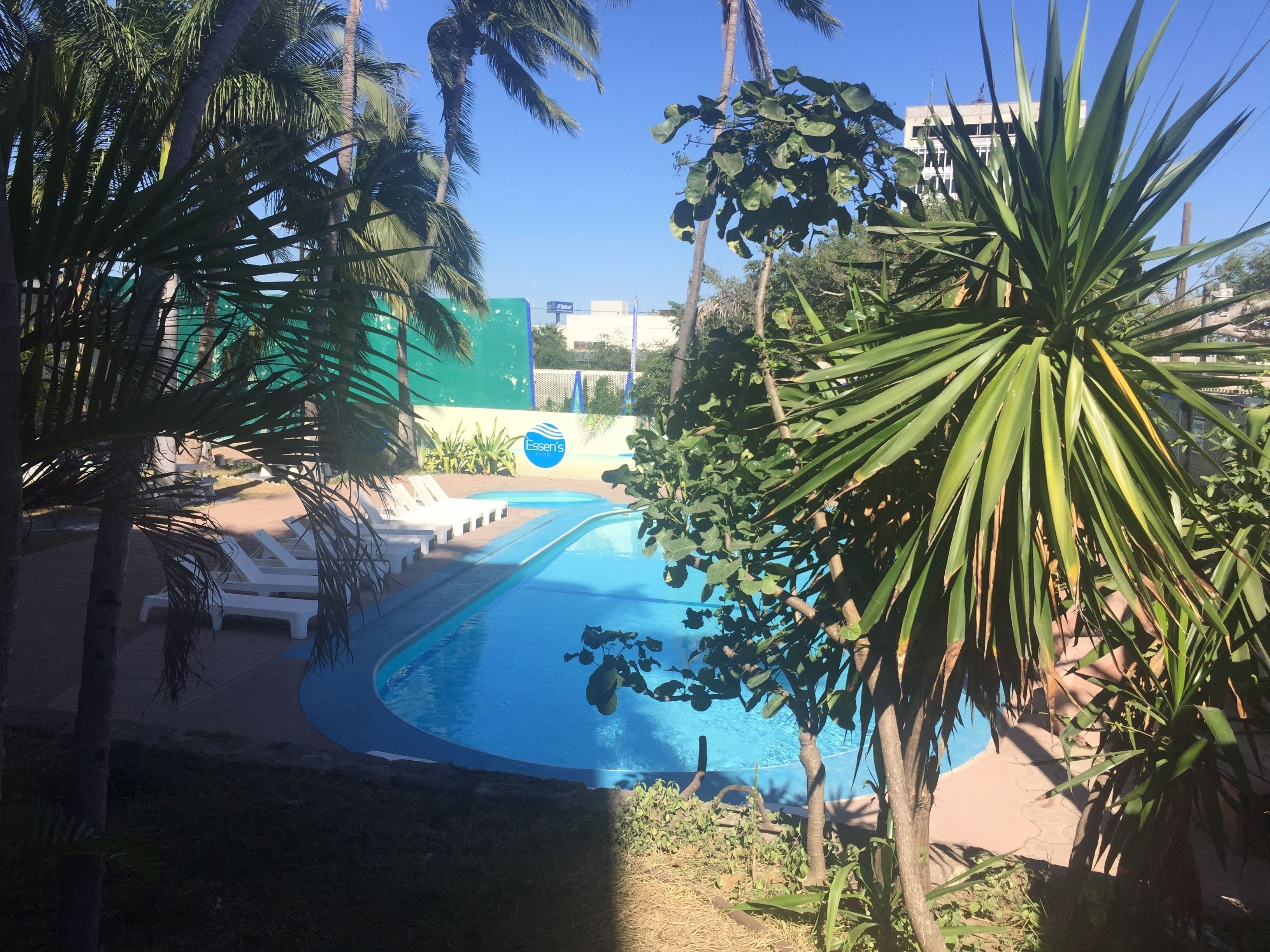A swimming pool surrounded by palm trees and a building with a blue sign.