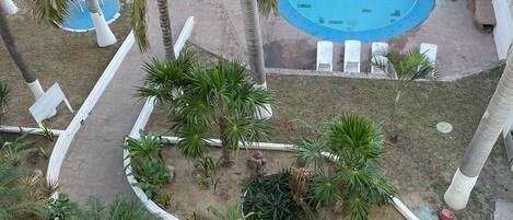 A pool area with palm trees, lounge chairs, and a hexagonal tiled walkway.