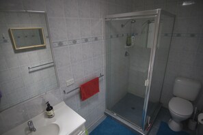 Une salle de bain équipée d’une douche, de toilettes, d’un lavabo et d’un miroir.