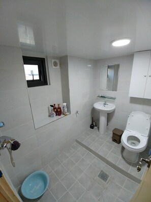 A bathroom with a toilet, sink, and a small window.