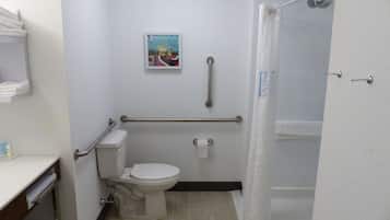 A bathroom with a toilet, a shower, and a handrail.