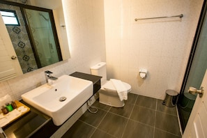 Shower, free toiletries, hair dryer, bathrobes