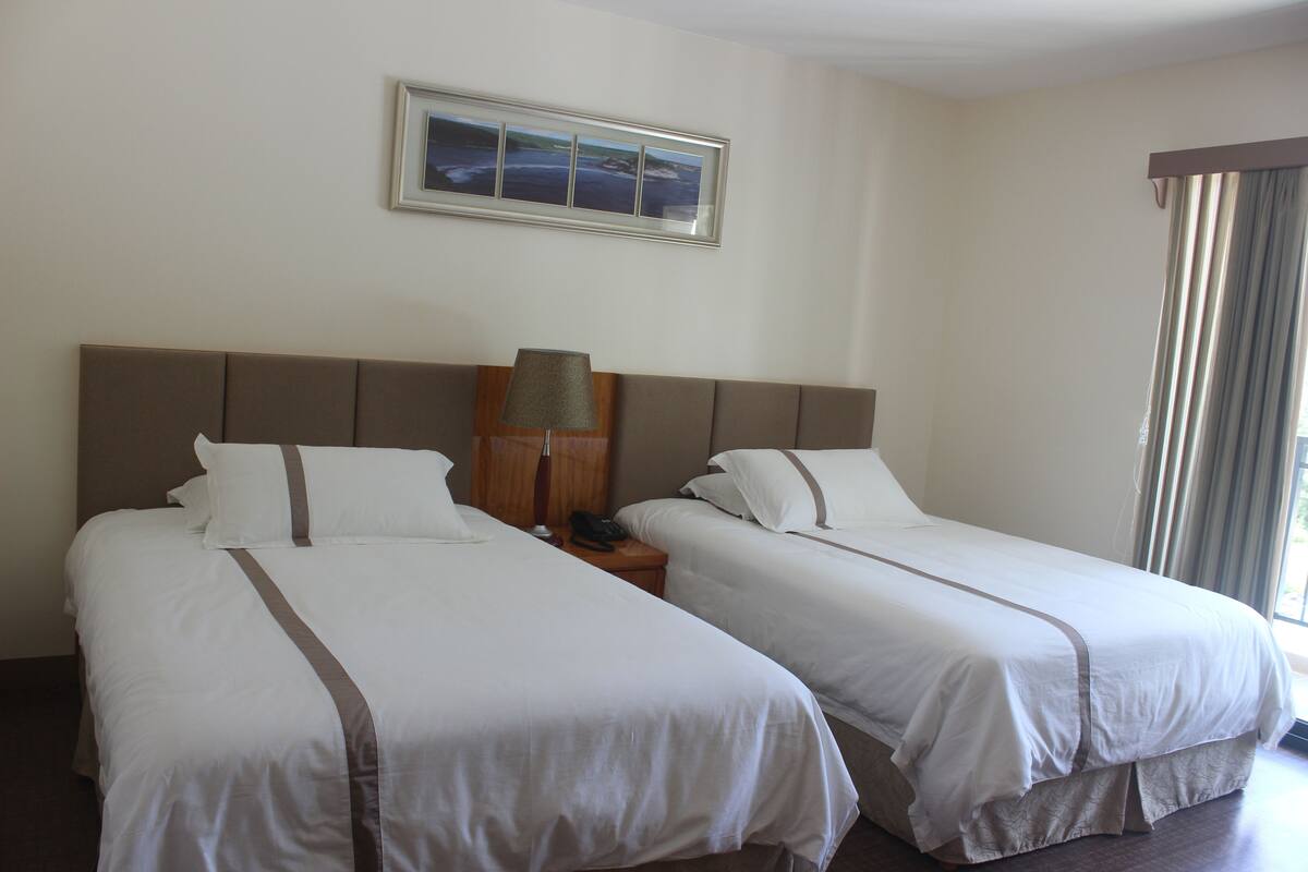 Habitació d'hotel amb dos llits, una tauleta de nit amb una làmpada i un quadre al mur.