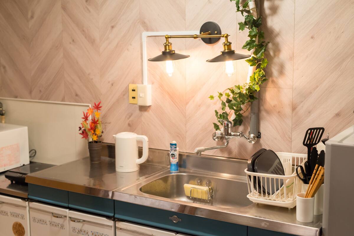 Una cocina de diseño moderno, con un lavamanos de acero inoxidable, un escurreplatos blanco y una planta en maceta.