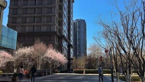 A high-rise building with a modern architectural design, surrounded by a well-maintained park with flowering trees and a flower bed. - Beijing Yilejia Apartment (Beijing)