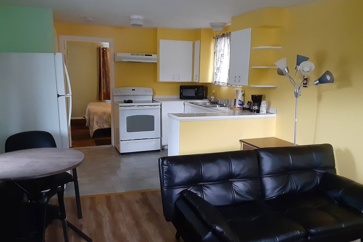 Um espaço de estar compacto com cozinha compacta, área de jantar com mesa e cadeiras, sofá de couro preto e cama com colcha estampada.
