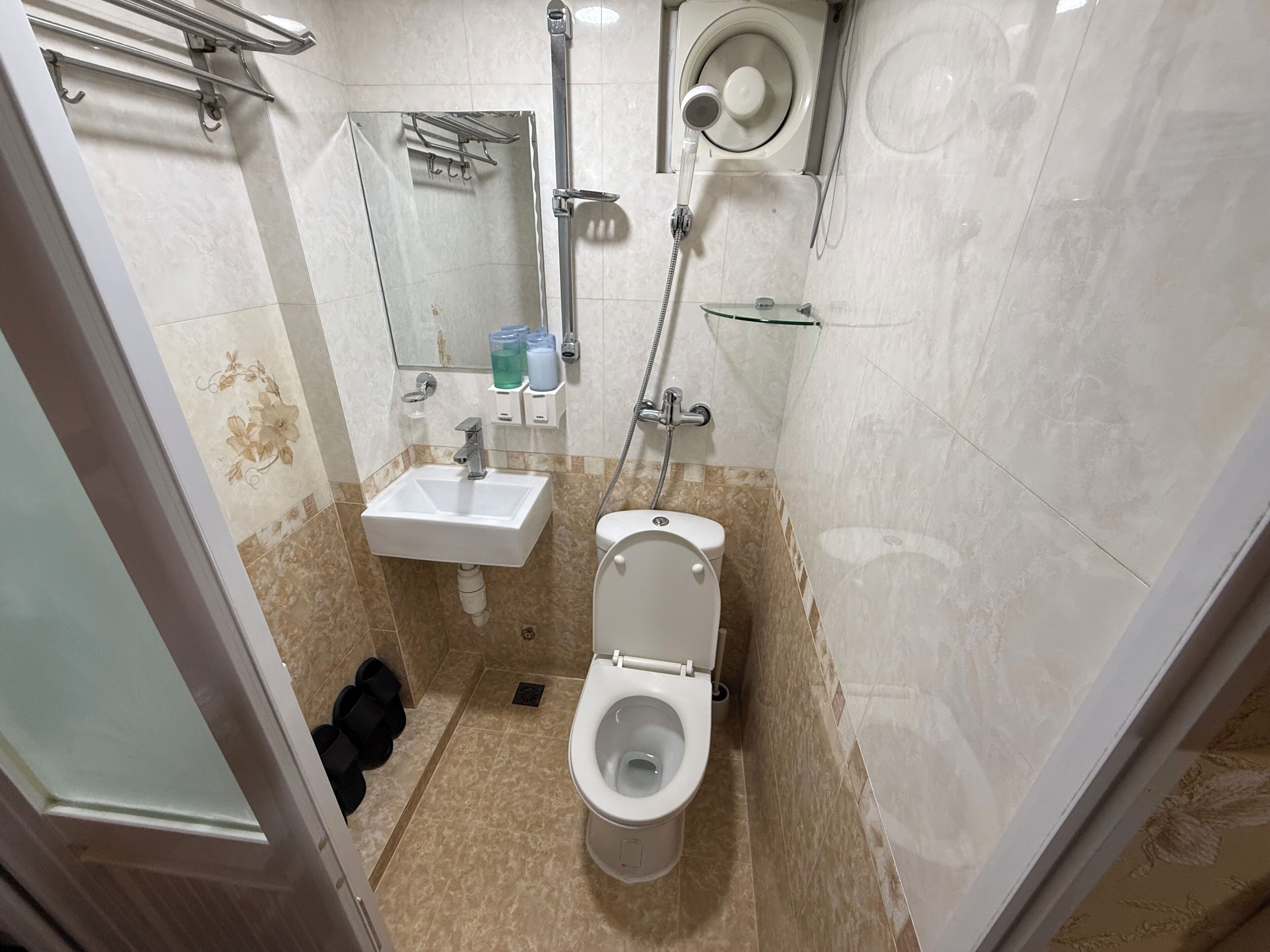 Et badeværelse med toilet, vask, bruser og et spejl.