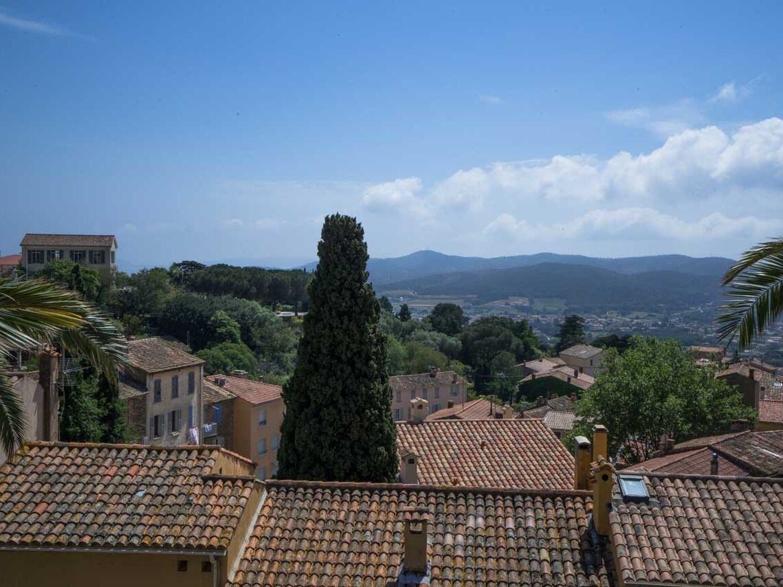 Vista de un pueblo con tejados de tejas de terracota, un árbol alto y destacado, y montañas a lo lejos.