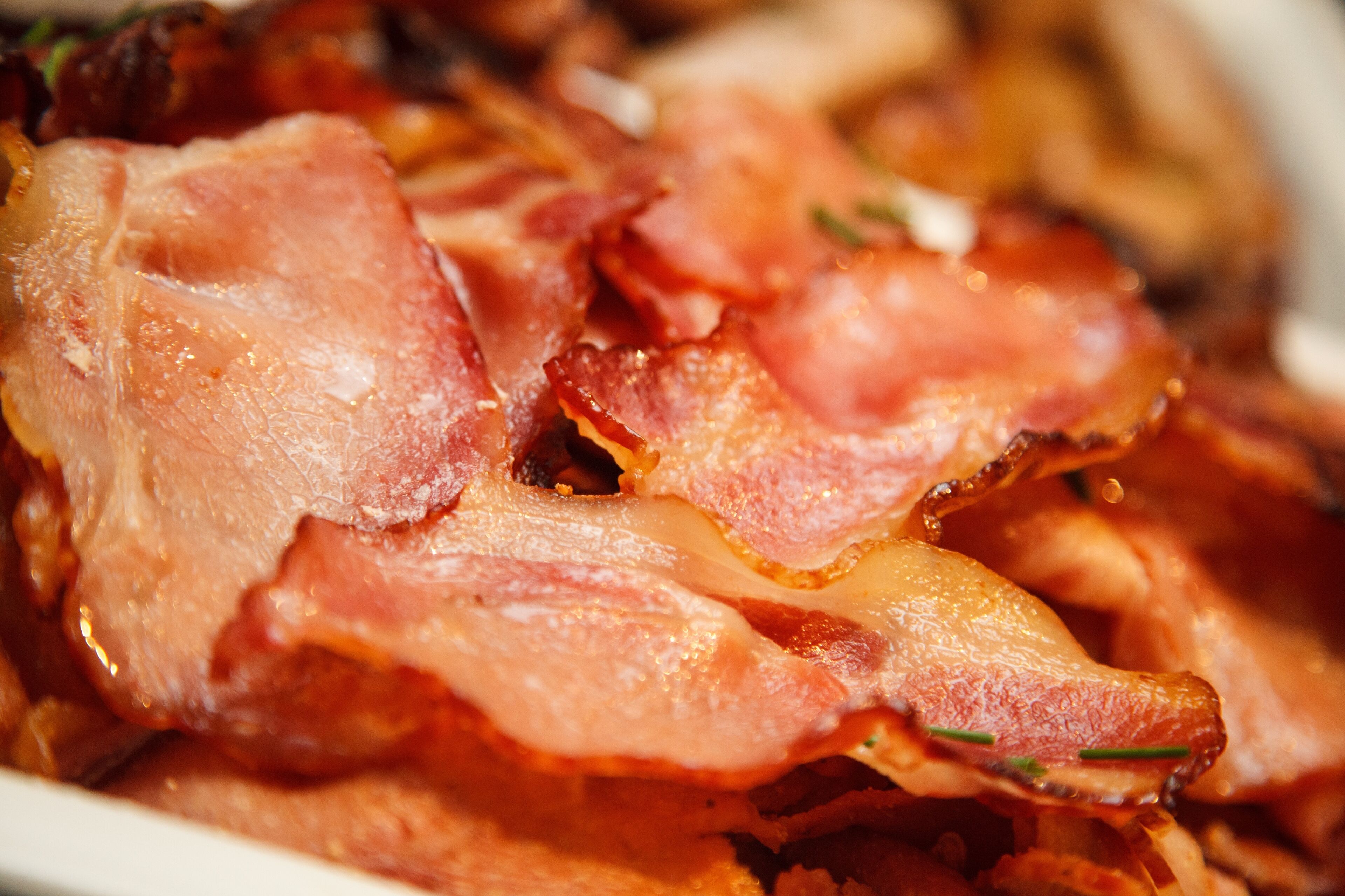 A close-up of crispy bacon strips.