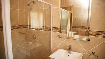 A bathroom with a glass shower enclosure, a white sink, and a glass shelf with toiletries.