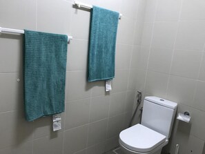 Une petite salle de bain avec deux serviettes suspendues à des porte-serviettes, des toilettes et une douche.