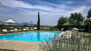 Une piscine avec des chaises longues et une pergola.