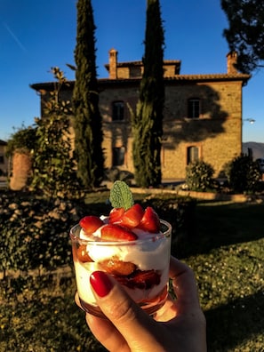 A hand holding a dessert with strawberries and mint, with a building in the background. - Agriturismo La Colmata (Monte San Savino)