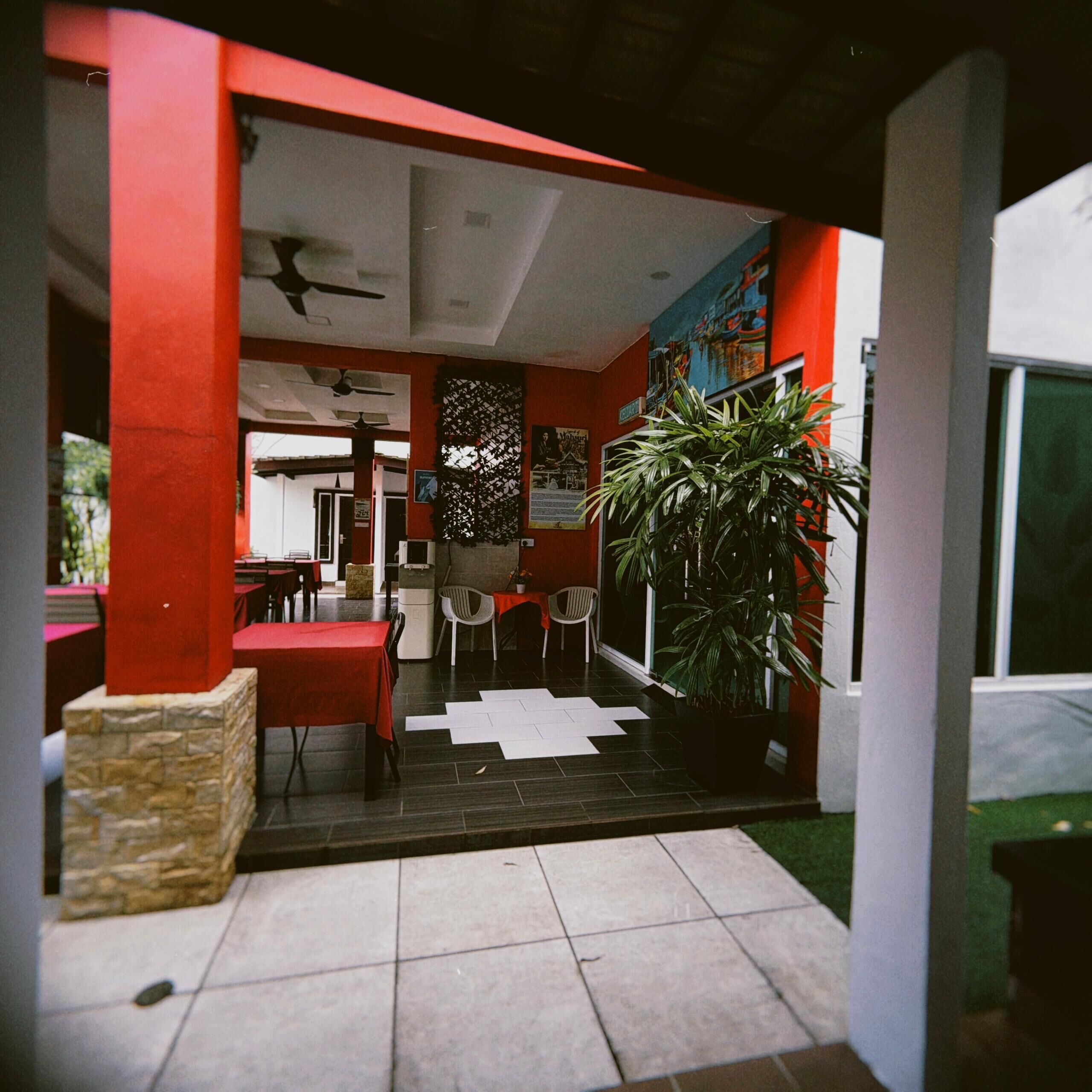 An indoor area with red walls, a tiled floor, and a large potted plant.