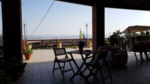 An outdoor patio with a table and chairs, potted plants, and a view of distant mountains.