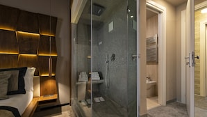 A modern hotel room with a glass-enclosed shower, a wooden headboard, and a bedside table with a lamp. - Ara di Marte Suites (Rome)