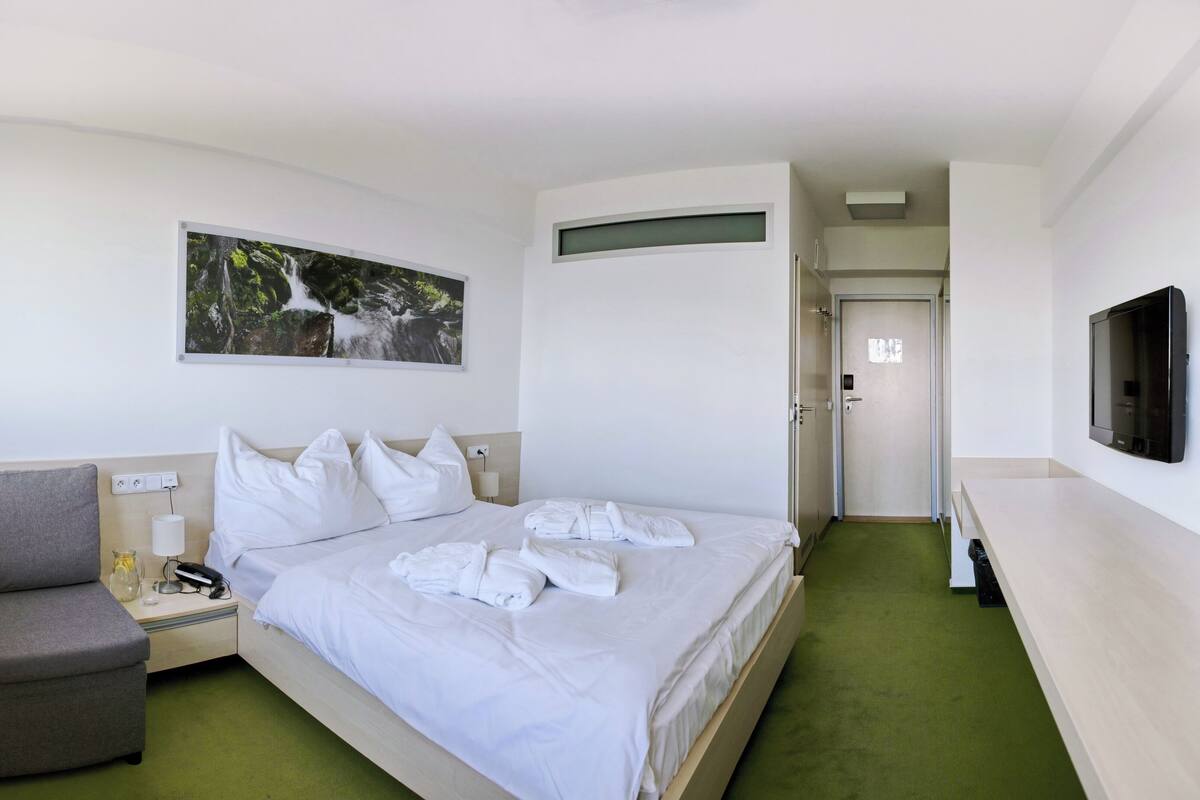 Habitació d'hotel amb un llit, una cadira, un televisor i un quadre a la paret.