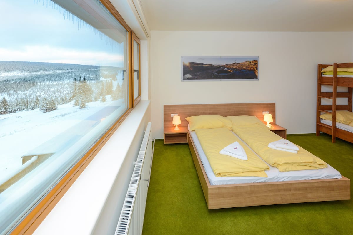 A bedroom with a bed, a window with a view of a snowy landscape, a bedside table with a lamp, and a bunk bed.