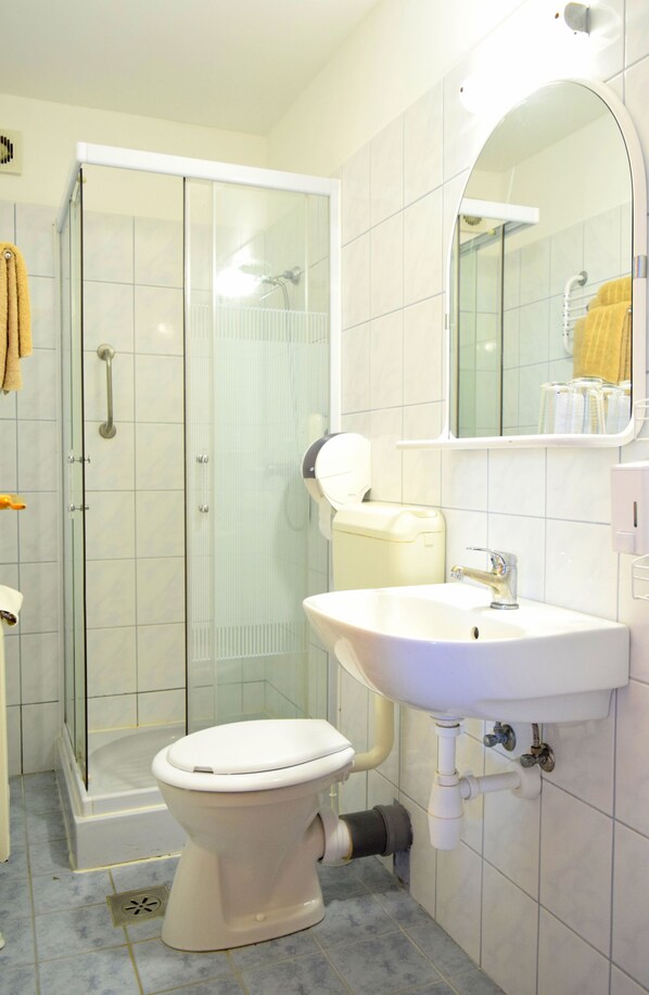 A bathroom with a glass-enclosed shower, a toilet, and a sink with a mirror above it.