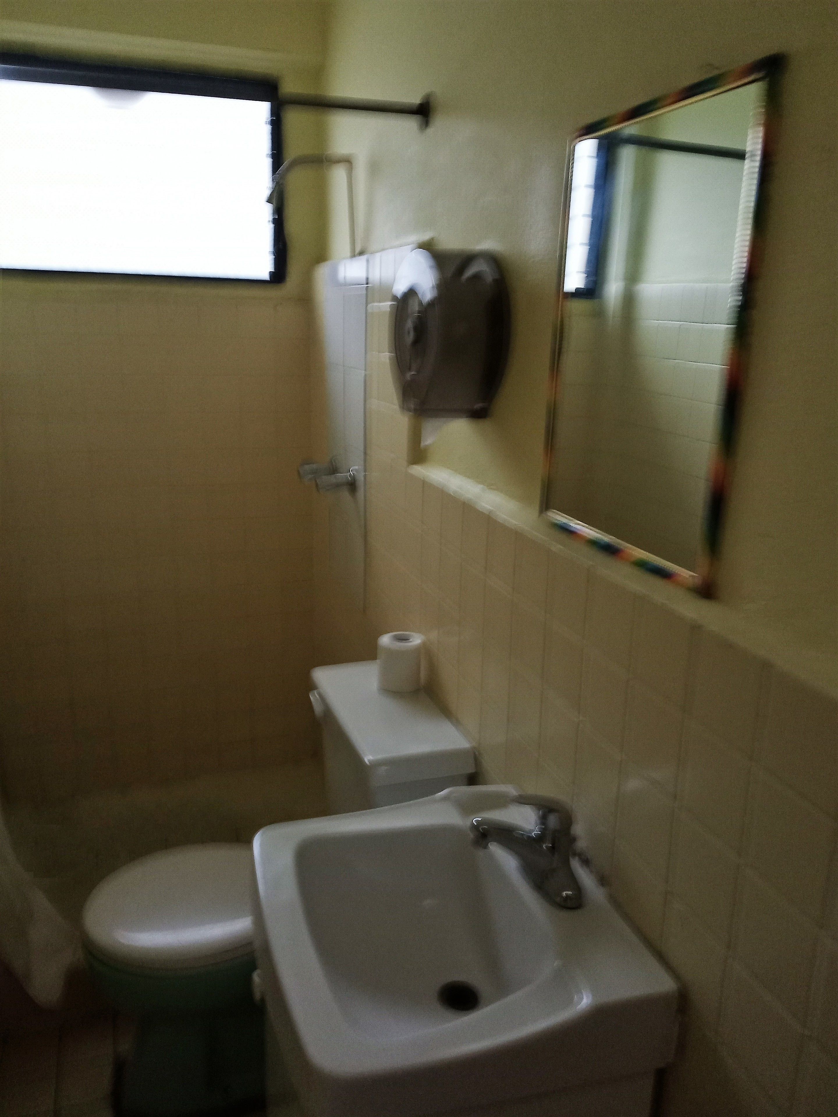 A bathroom with a toilet, sink, and a mirror.