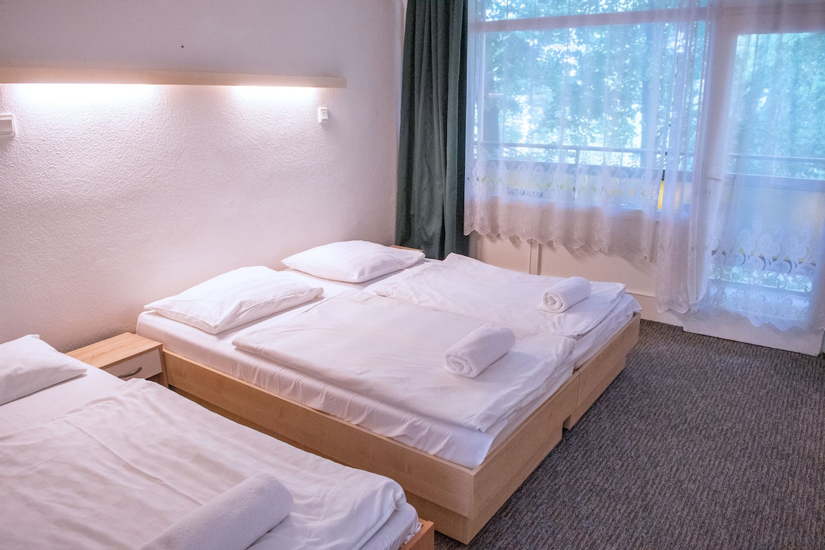 Driepersoonskamer, balkon | Een minibar, een bureau, verduisterende gordijnen