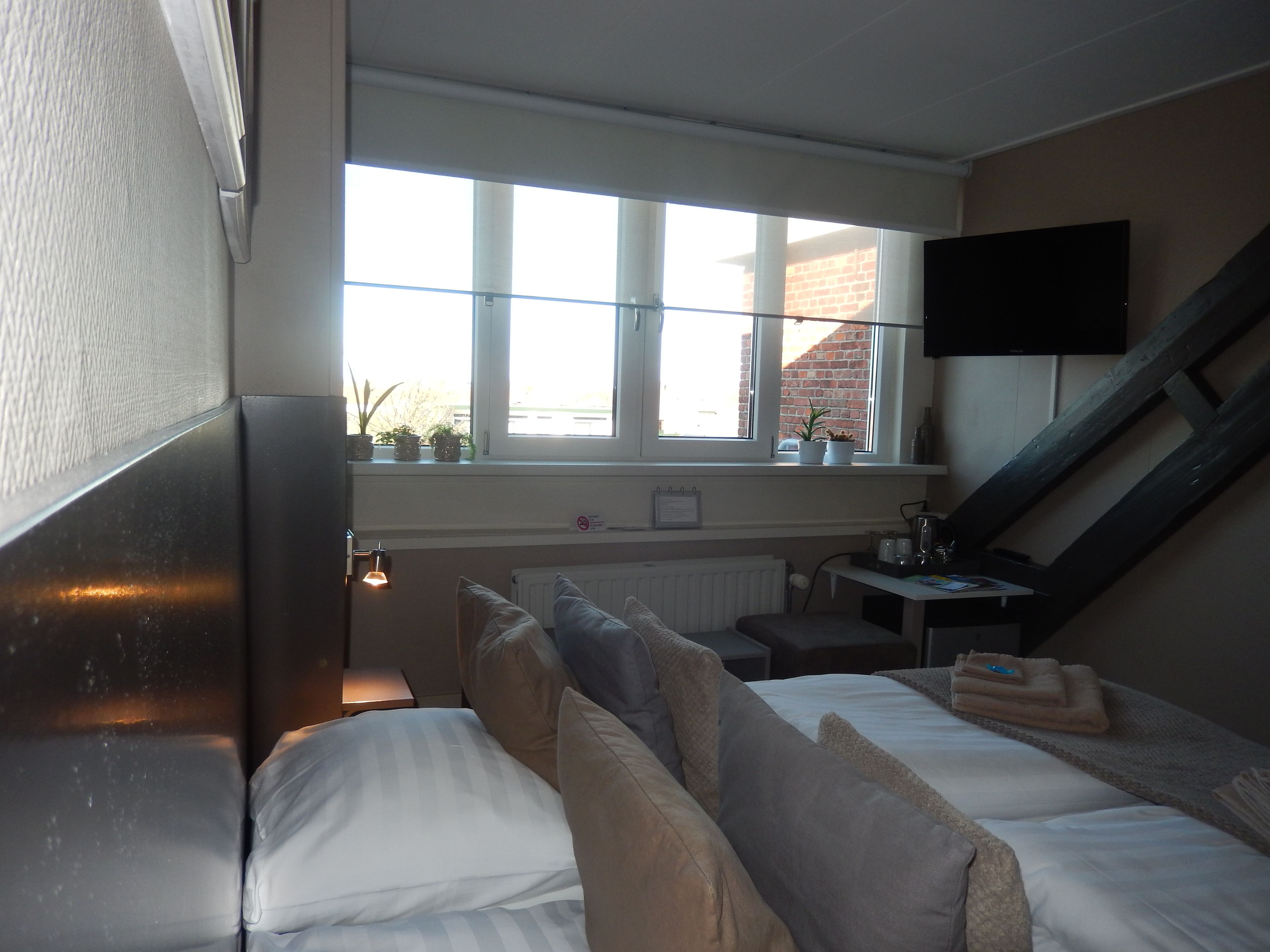 Een slaapkamer met een bed, een bureau, een stoel, een raam met planten en een aan de muur bevestigde televisie.