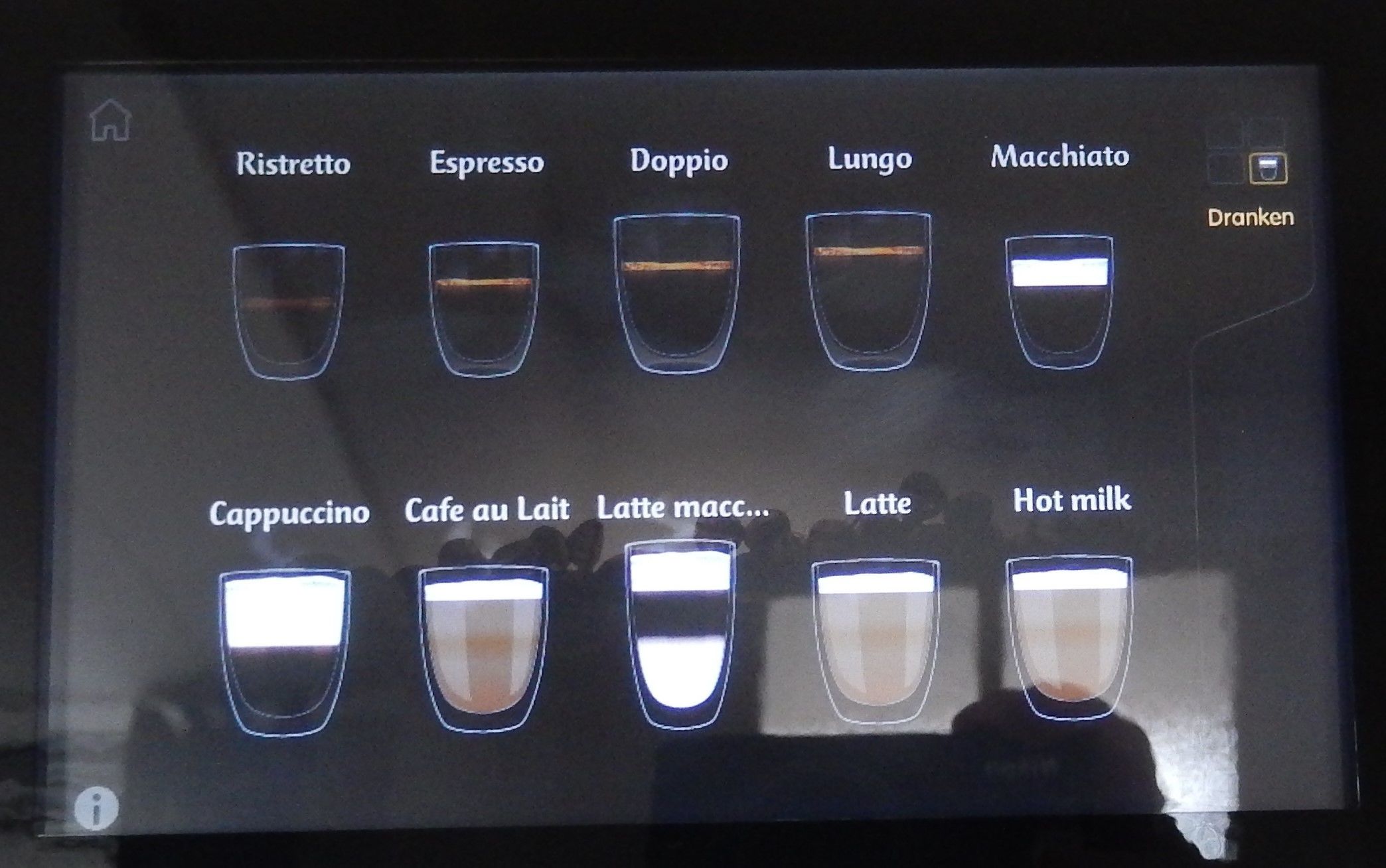 A menu with various coffee and drink options.