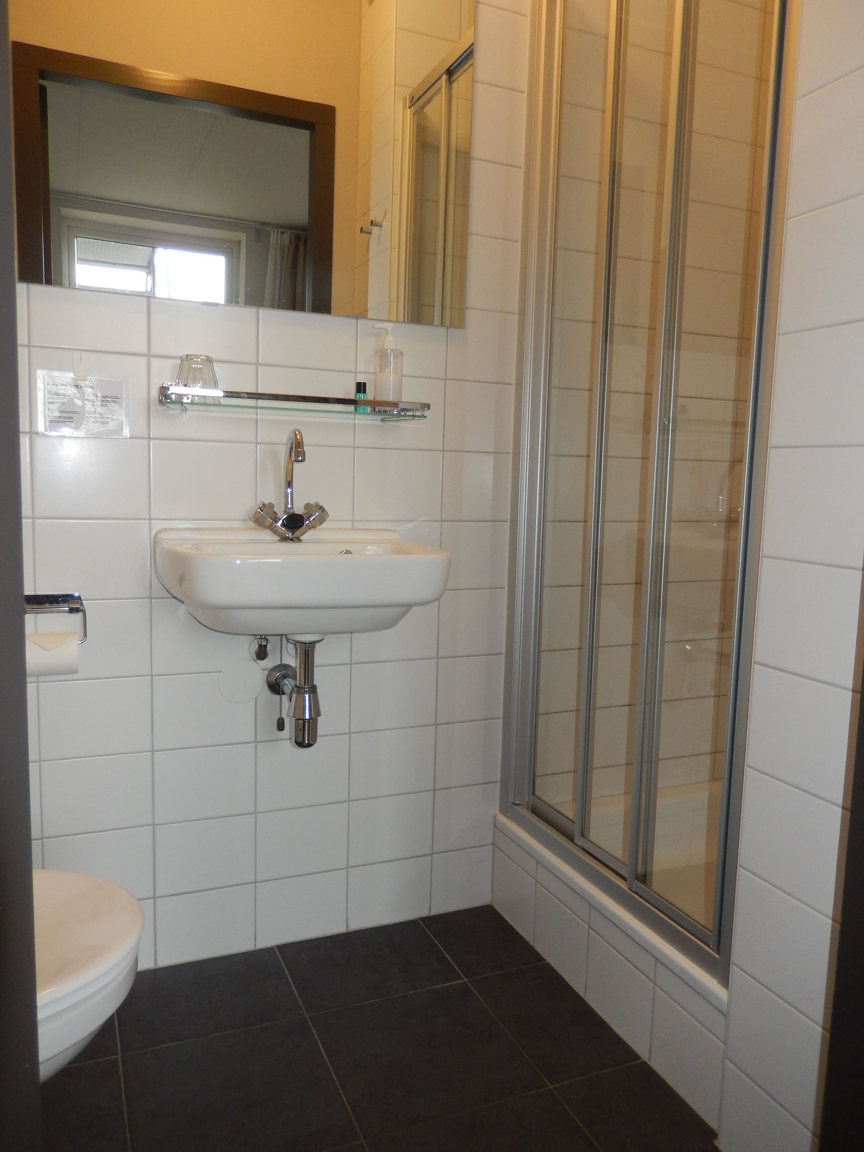 Une salle de bain avec un lavabo blanc, des toilettes, une douche en verre et un miroir au-dessus du lavabo.