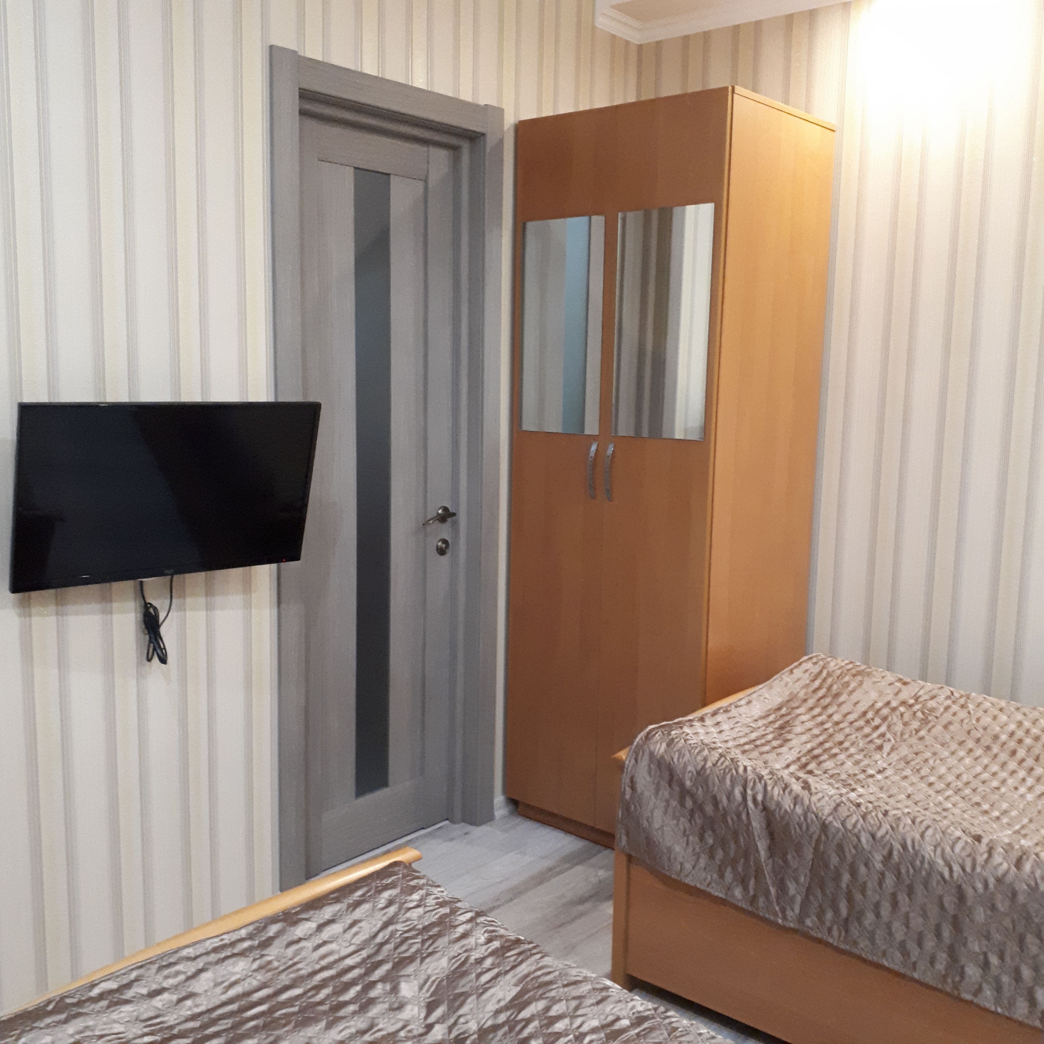 A bedroom with a bed, a wardrobe, a television, and a door.