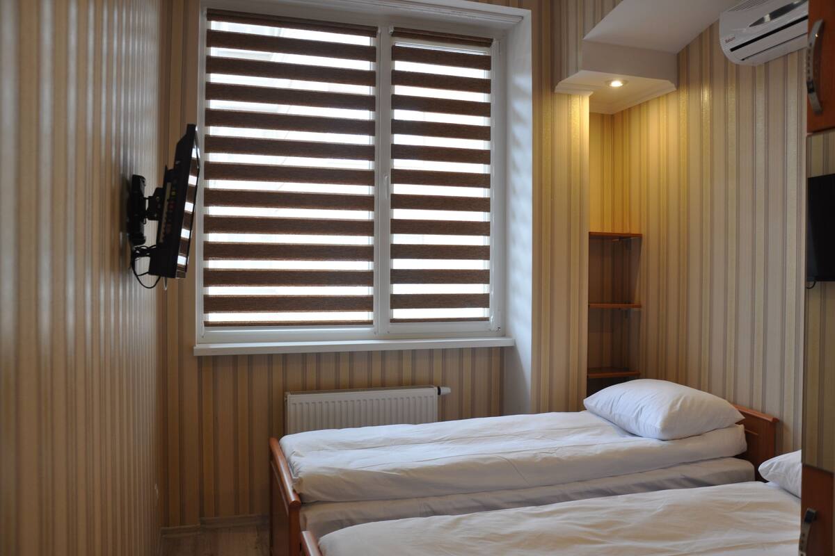A bedroom with two beds, a window with blinds, a radiator, and a mounted television.