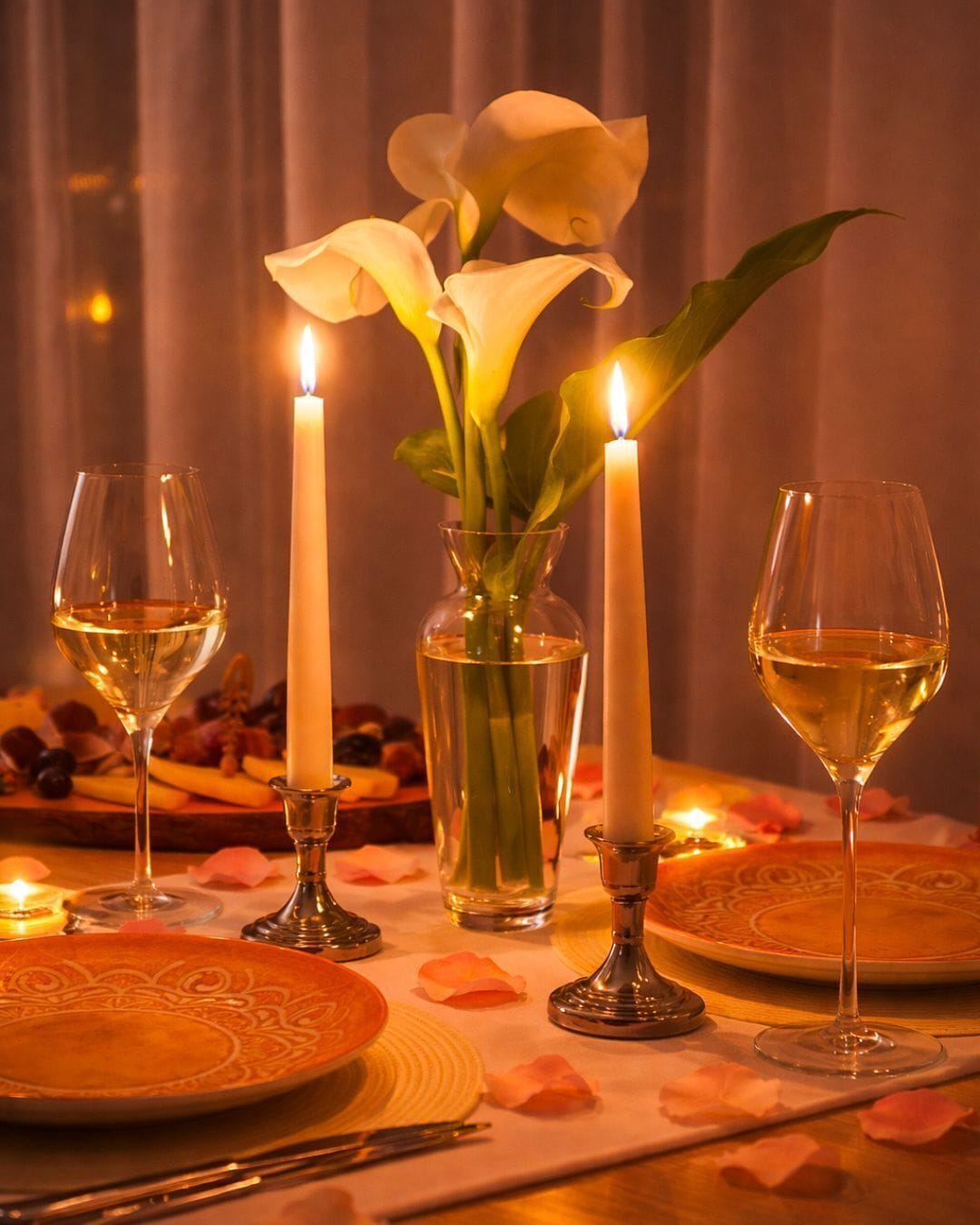 A table set with wine glasses, candles, a vase with flowers, and a plate with food.
